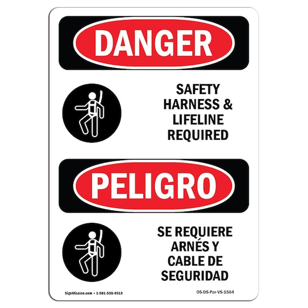 OSHA Sign, Harness & Lifeline Required Bilingual, 14in X 10in Alum, 10" W, 14" H, Spanish